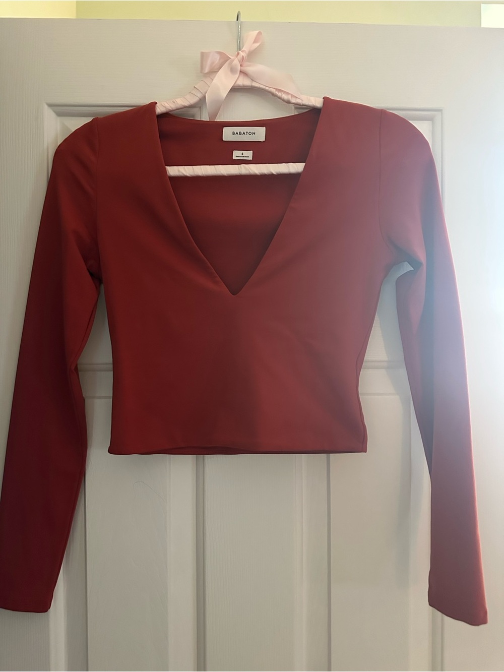 Babaton Rust Long-Sleeve V-Neck Crop Top